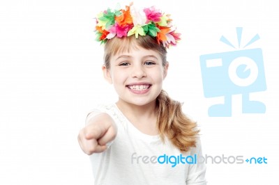 Attractive Girl Pointing Towards Camera Stock Photo