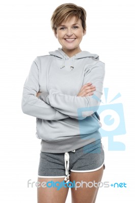 Attractive Lady Wearing Winter Sweater And Shorts Stock Photo