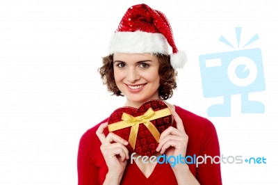 Attractive Santa Woman With Gift Box Stock Photo