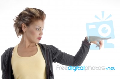 Attractive Woman Indicating Side Stock Photo