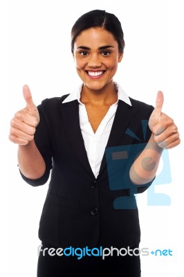 Attractive Woman Showing Double Thumbs Up Stock Photo