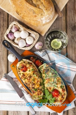 Aubergine Stuffed With Vegetables And Cheese Stock Photo