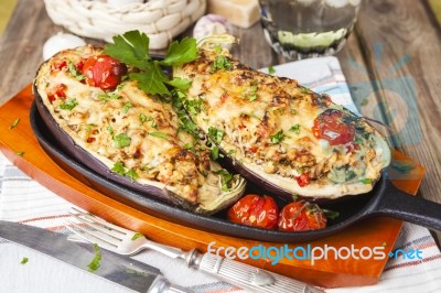 Aubergine Stuffed With Vegetables And Cheese Stock Photo