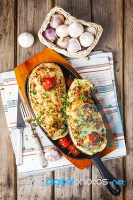 Aubergine Stuffed With Vegetables And Cheese Stock Photo