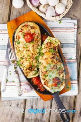 Aubergine Stuffed With Vegetables And Cheese Stock Photo