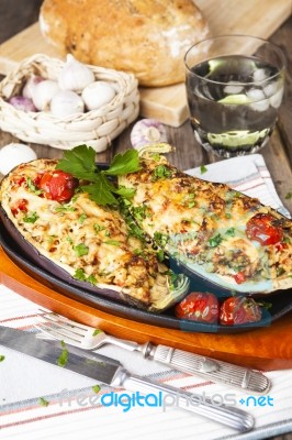 Aubergine Stuffed With Vegetables And Cheese Stock Photo