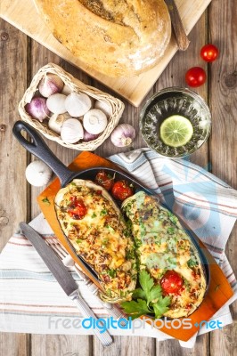 Aubergine Stuffed With Vegetables And Cheese Stock Photo