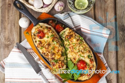 Aubergine Stuffed With Vegetables And Cheese Stock Photo