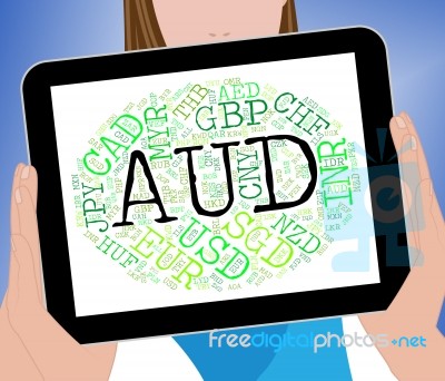 Aud Currency Means Worldwide Trading And Coinage Stock Image