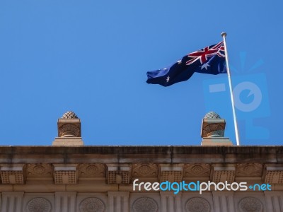 Australian Flag On The Top Of Building Stock Photo