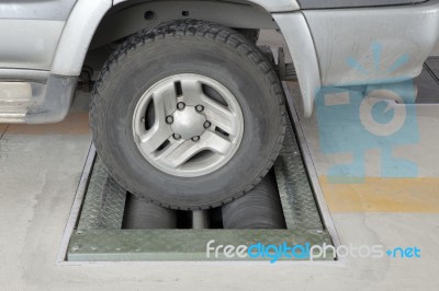 Auto Wheel Tire Break Test On Testing Machine Stock Photo