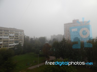 Autumn Fog In The Morning Is Above The City  Stock Photo