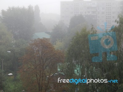 Autumn Fog In The Morning Is Above The City  Stock Photo