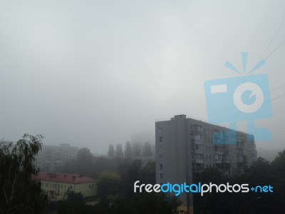 Autumn Fog In The Morning Is Above The City  Stock Photo