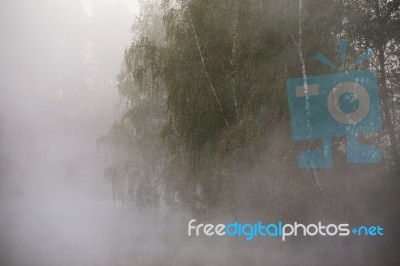 Autumn Foggy Morning. Dawn On The Misty Calm River Stock Photo