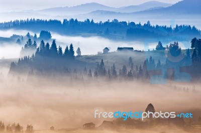 Autumn Foggy Sunrise In Mountains. Alpine Village On September H… Stock Photo