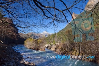 Autumn Landscape In Ordesa National Park, Pyrenees, Huesca, Arag… Stock Photo