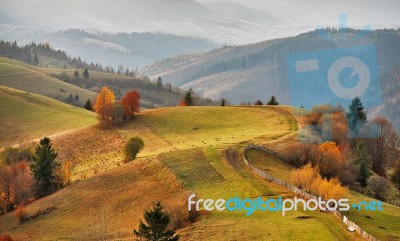 Autumn Mountain Panorama. October On Carpathian Hills Stock Photo