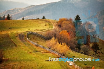 Autumn Mountain Panorama. October On Carpathian Hills Stock Photo