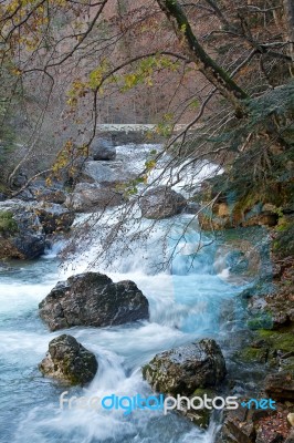 Autumn River In Ordesa National Park, Pyrenees, Huesca, Aragon, Stock Photo