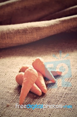 Baby Carrots On Sackcloth Stock Photo