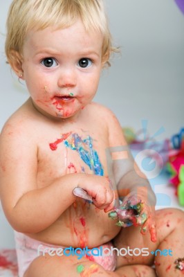 Baby Girl Celebrating Her First Bithday With Gourmet Cake And Ba… Stock Photo