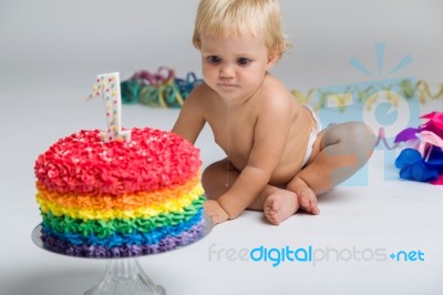 Baby Girl Celebrating Her First Bithday With Gourmet Cake And Ba… Stock Photo