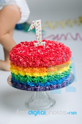 Baby Girl Celebrating Her First Bithday With Gourmet Cake And Ba… Stock Photo