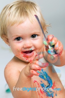 Baby Girl Celebrating Her First Bithday With Gourmet Cake And Ba… Stock Photo