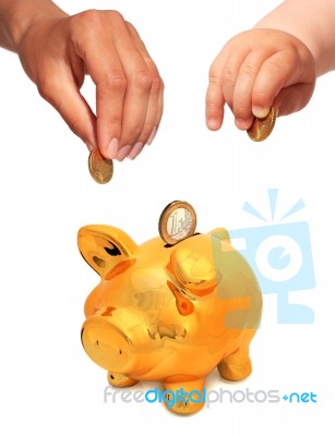 Baby's And Mothers' Hands With Coins Stock Photo