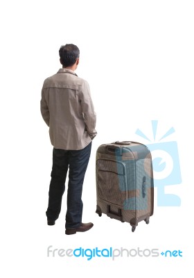 Back Of Young Man Standing With Big Suit Case Stock Photo