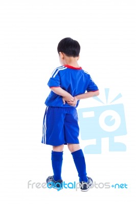 Back Pain. Child Rubbing The Muscles Of His Lower Back, Isolated… Stock Photo