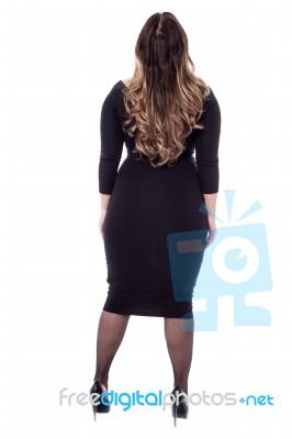 Back Pose Of A Woman In Black Dress Stock Photo