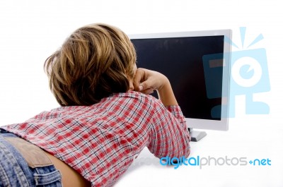 Back Pose Of Little Child Watching Tv Stock Photo