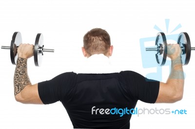 Back Pose Of Male Bodybuilder Lifting Weights Stock Photo