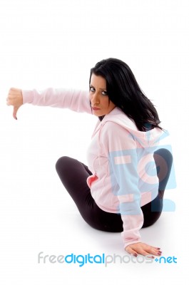 Back Pose Of Model With Thumbs Up On White Background Stock Photo