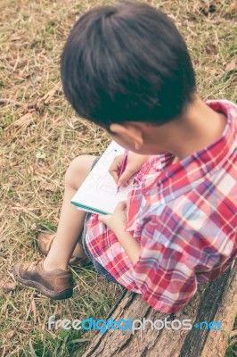 Back View. Boy Writing On Notebook. Education Concept. Vintage S… Stock Photo