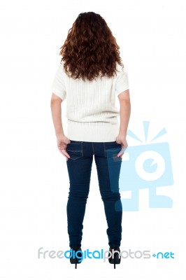 Back View Of A Long Haired Woman Over White Stock Photo