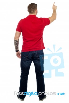 Back View Of Man Pointing Upward Stock Photo