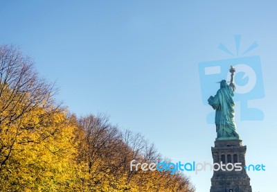 Back View Of The Statue Of Liberty With Autumnal Foliage Stock Photo