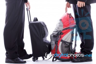 Backpack Businessman Talk With Partner Stock Photo