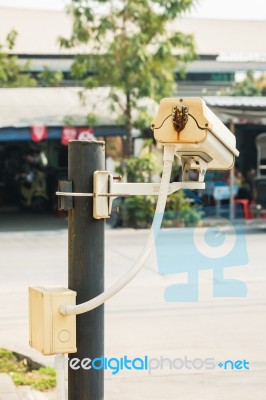 Backview Of Cctv Camera In Front Of The Village, Residence Stock Photo