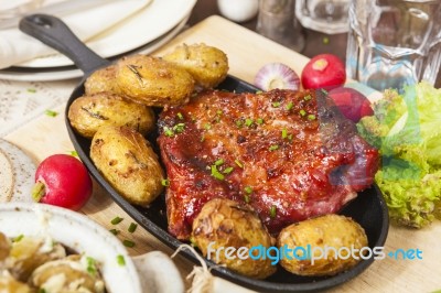 Bacon Rib And Potatoes. Farmhouse Style Meal Stock Photo