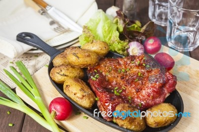 Bacon Rib And Potatoes. Farmhouse Style Meal Stock Photo