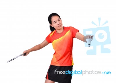 Badminton Player Isolated On White Background Stock Photo