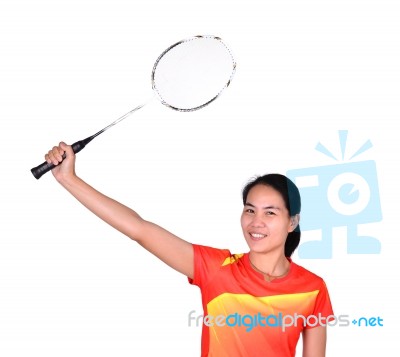 Badminton Player Isolated On White Background Stock Photo