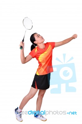 Badminton Player Isolated On White Background Stock Photo