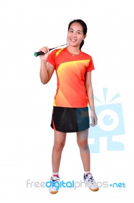 Badminton Player Isolated On White Background Stock Photo