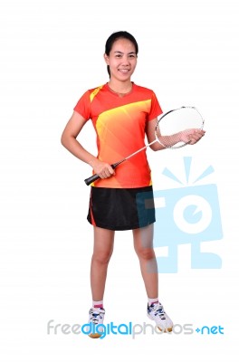 Badminton Player Isolated On White Background Stock Photo