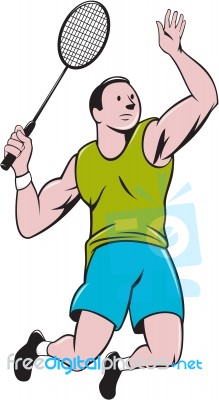 Badminton Player Racquet Striking Cartoon Stock Image